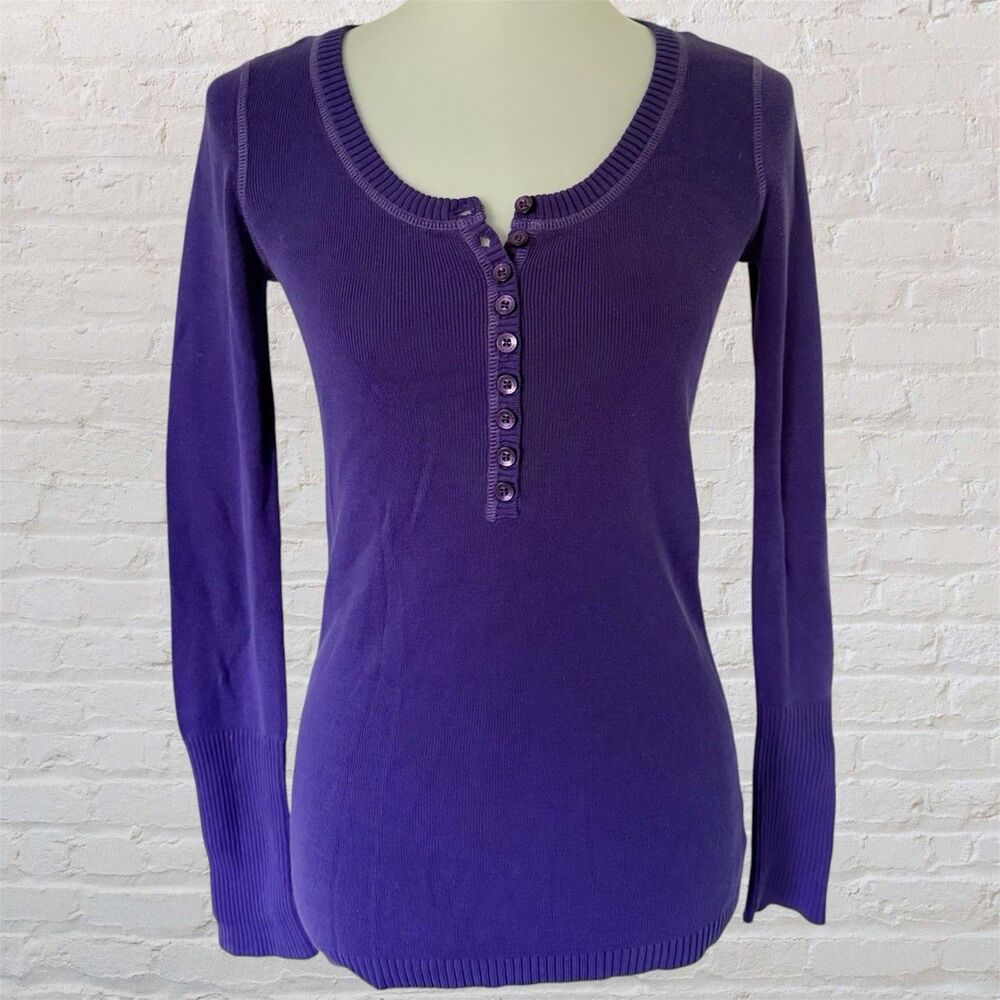 Vtg Y2K Aeropostale Knit Henley Sweater Top M Purple Blue Cozy Layer Scoopneck